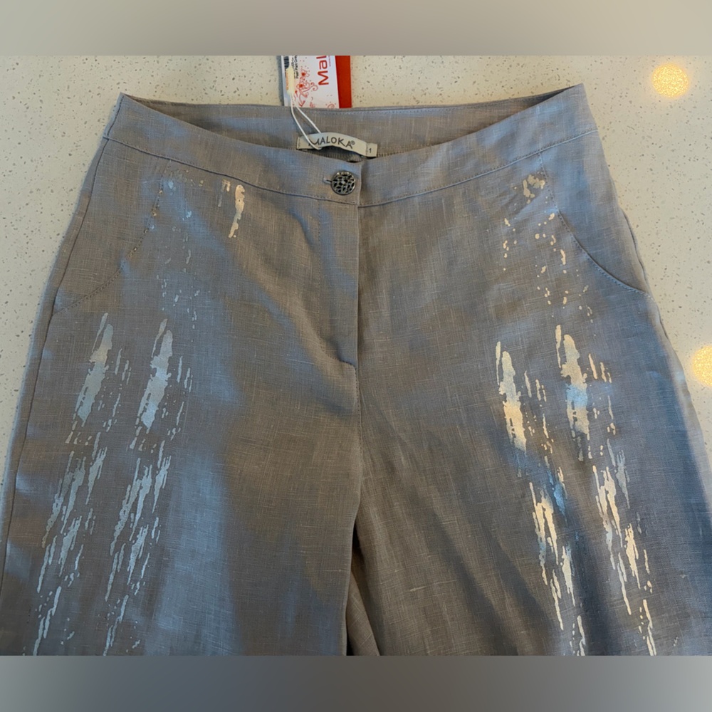 Maloka Pearl Grey 💯 Linen Capris With Silver Foil Accent NWT! - Picture 6 of 10